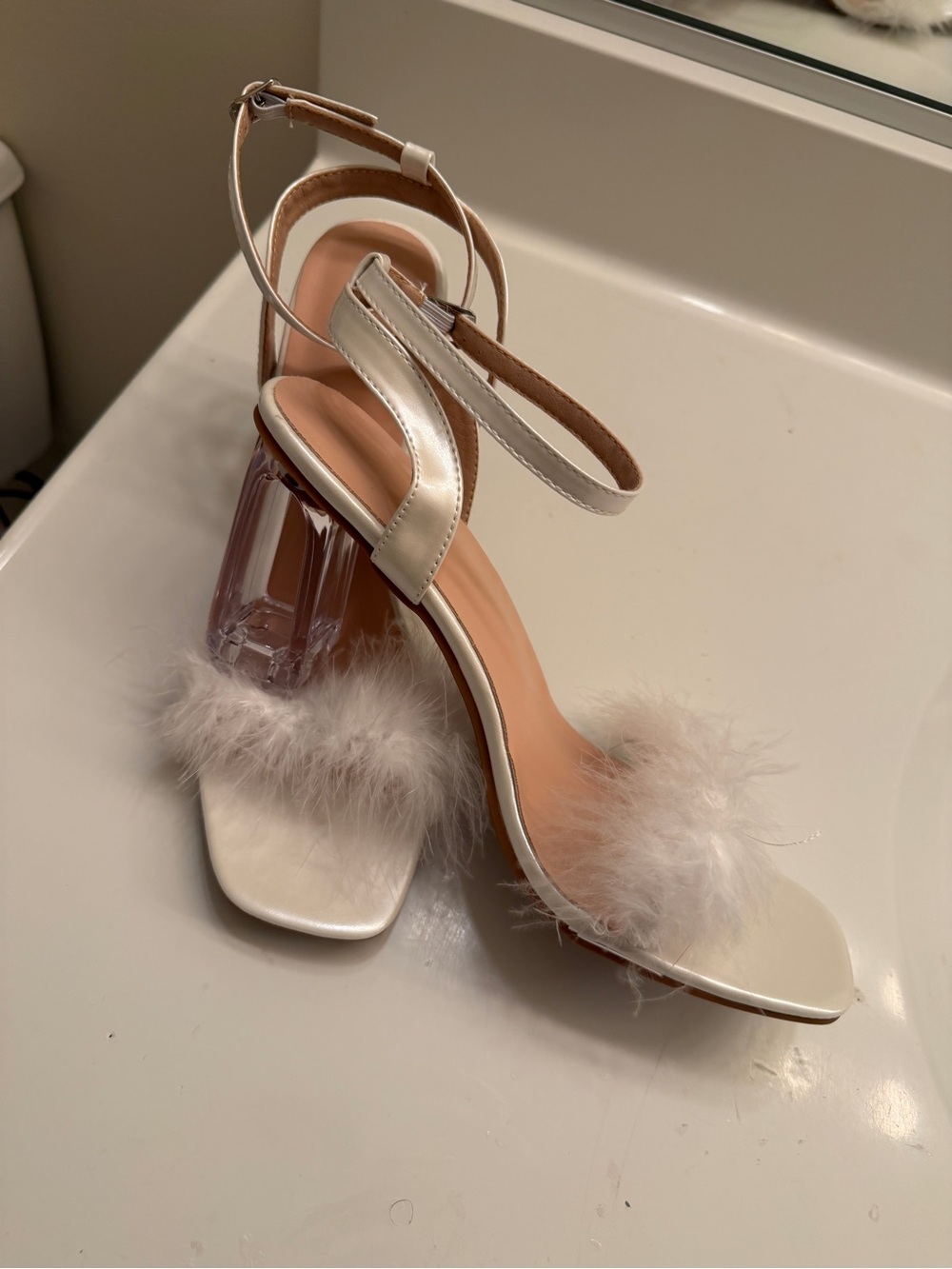White Feather Clear Heel Sandals